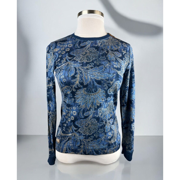 NWT Lauren Ralph Lauren Paisley Print LS Suede Elbow Shoulder Zip Top Blue Large - Picture 2 of 14